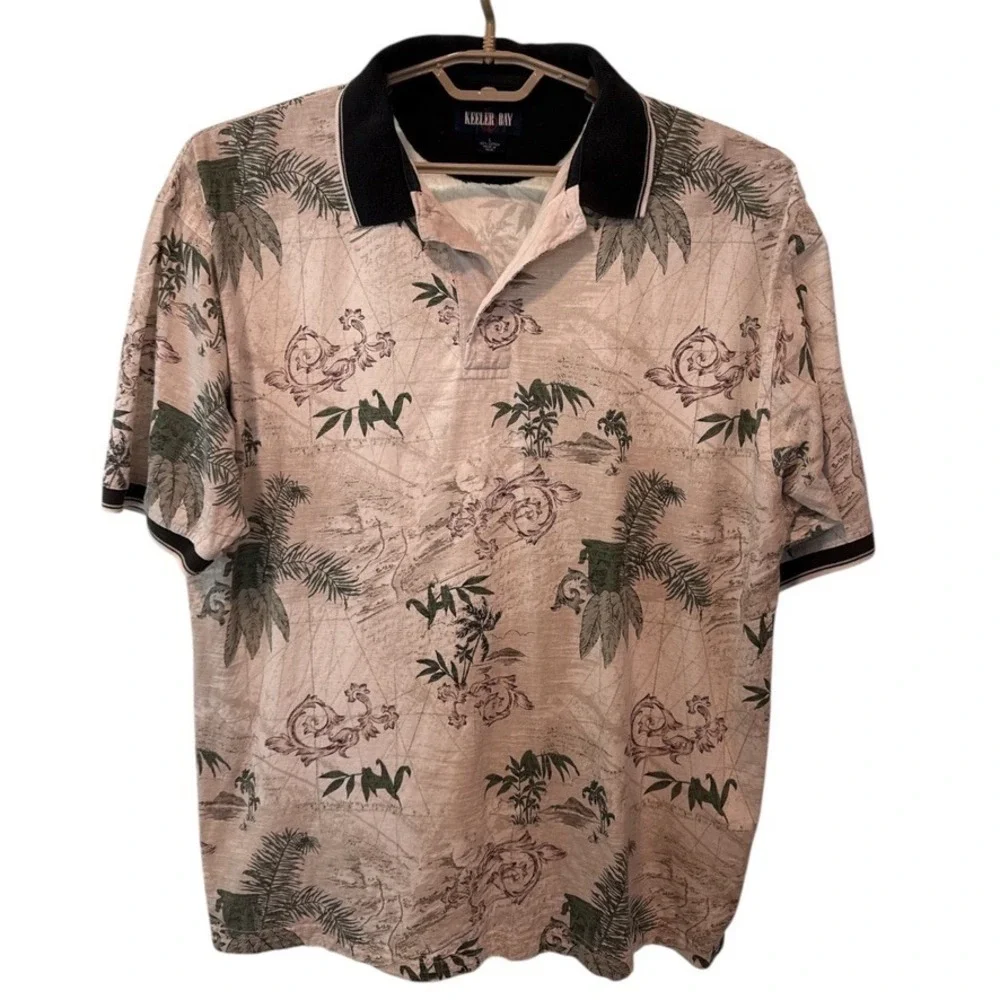 Keeler Bay Men's Tropical Print Polo‎ Shirt Size Large Short Sleeve Resortwear